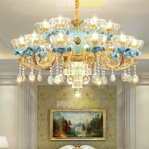 ĐÈN CHÙM PHA LÊ XANH TÂN CỔ ĐIỂN 15 TAY N-8019/15